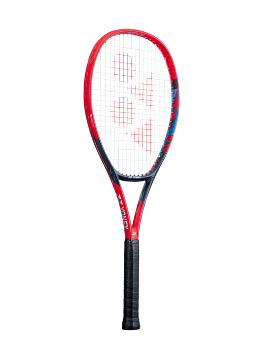 The Yonex VCORE 100 Tennis Racket in scarlet red colour which is available for sale at GSM Sports.  