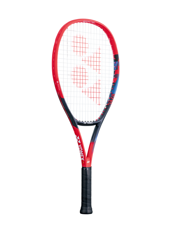 The Yonex VCORE 25 Junior Tennis Racket in scarlet red which is available for sale at GSM Sports.  