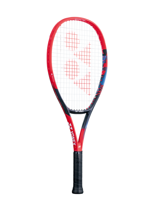 The Yonex VCORE 25 Junior Tennis Racket in scarlet red which is available for sale at GSM Sports.  