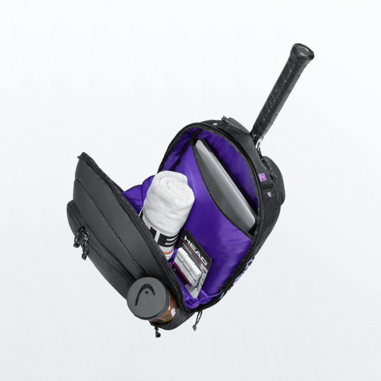 The Head Gravity Backpack for sale at GSM Sports with a Tennis Racket and Tennis Balls inside it for illustrative purposes