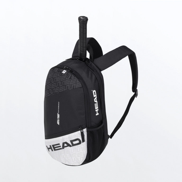 Head Elite Backpack in Black and White is available at GSM Sports with a tennis racket inside for illustrative purposes