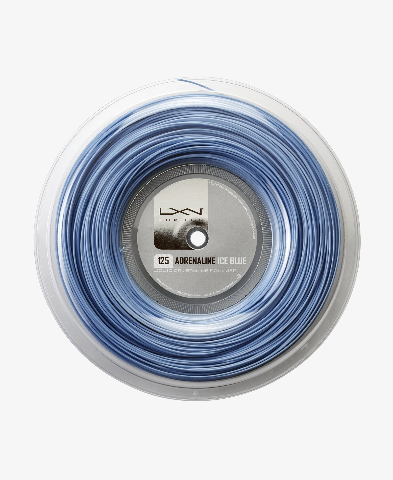 A 200m Reel of Luxilon Adrenaline 125 Tennis String in ice blue available for sale at GSM Sports.    