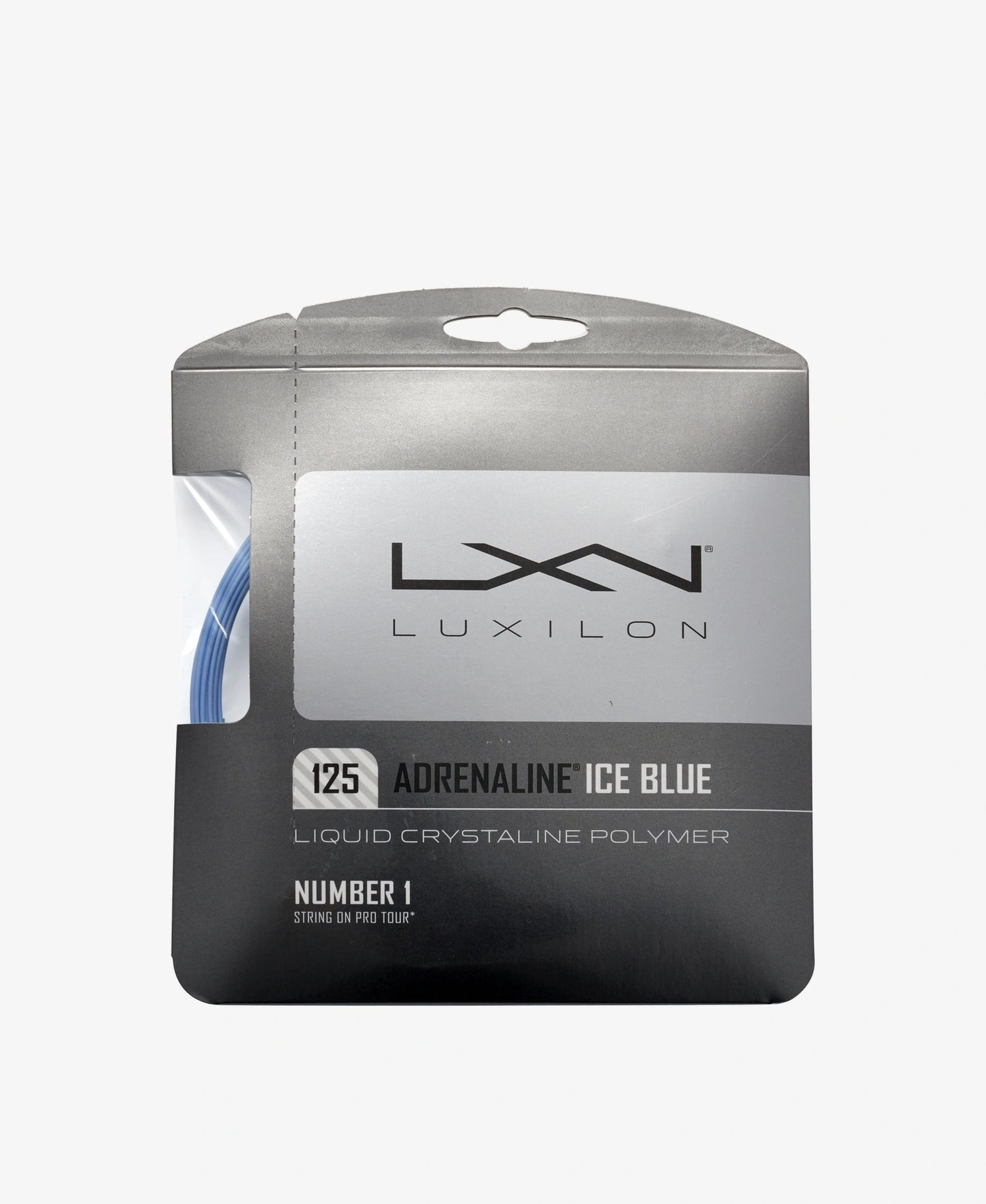 A set of Luxilon Adrenaline 125 tennis String in ice blue colour available for sale at GSM Sports.    