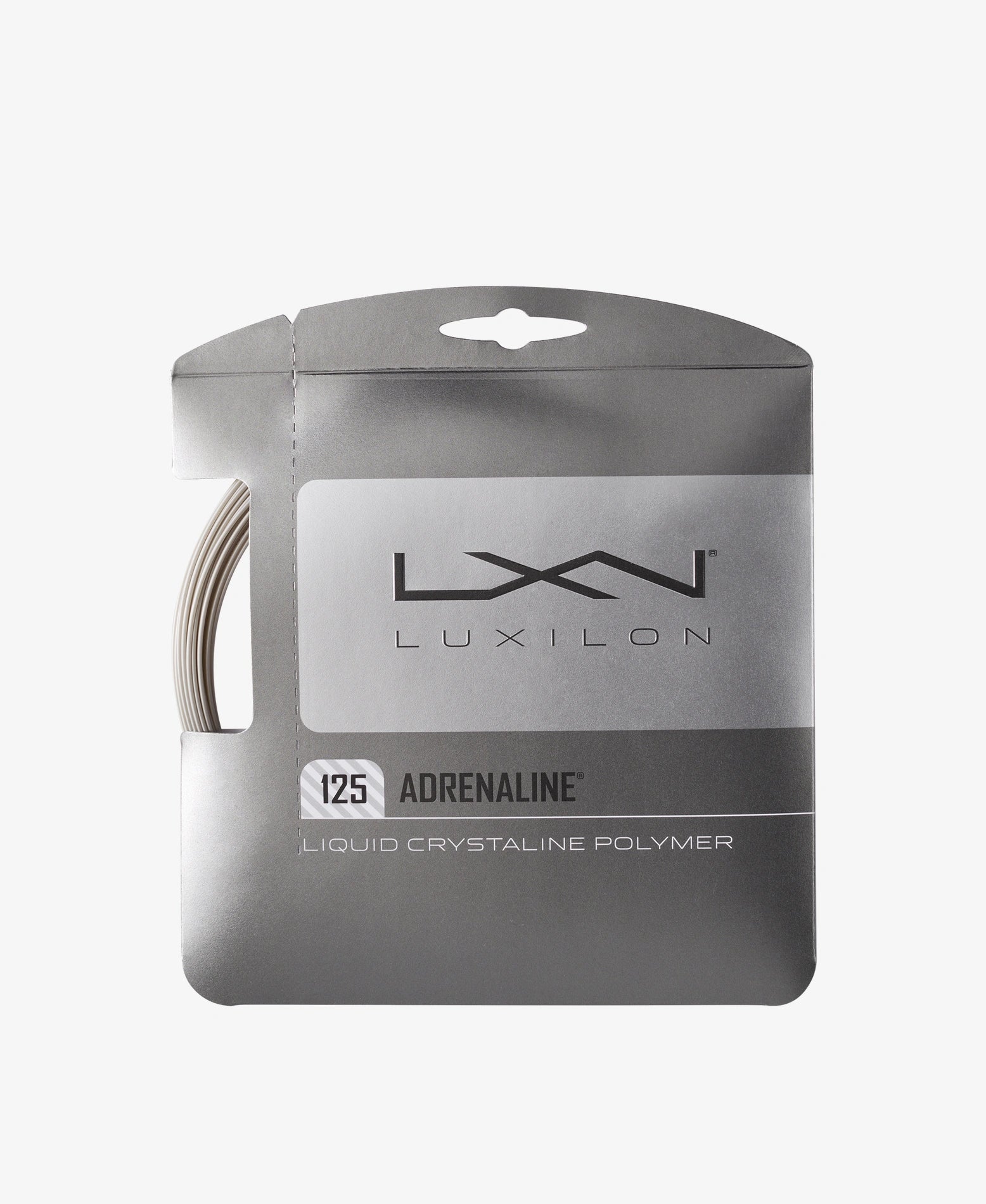 A set of Luxilon Adrenaline 125 tennis String in Platinum colour available for sale at GSM Sports.