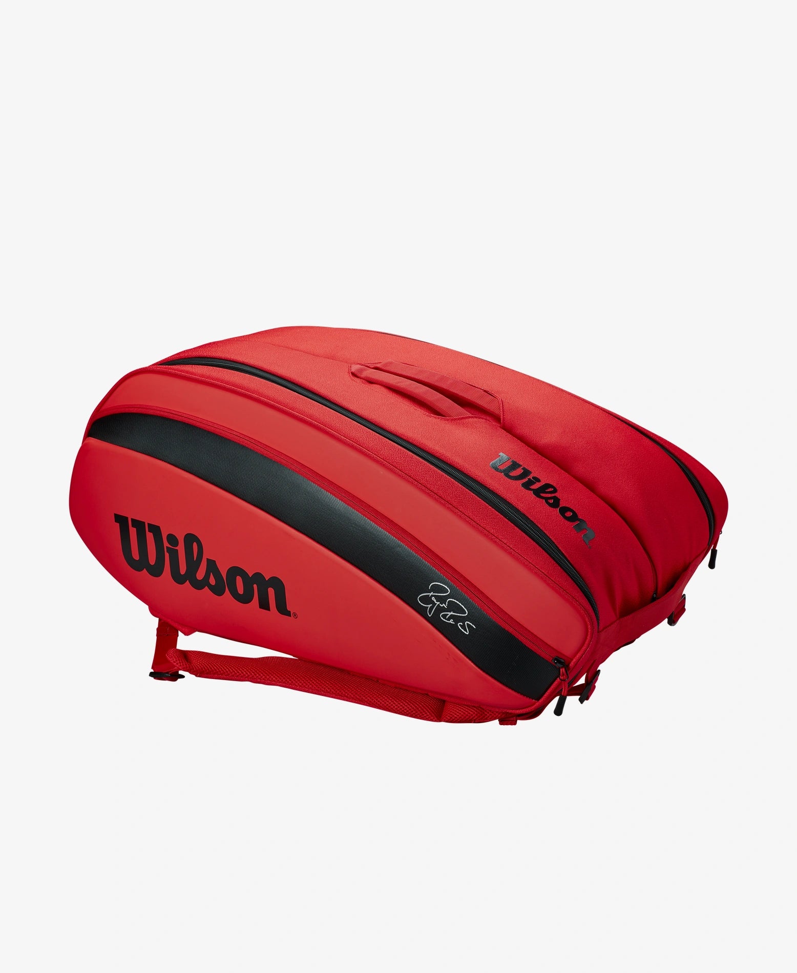 The Wilson Roger Federer DNA 12 Pack Racket Bag in Infrared colour which is available for sale at GSM Sports.      