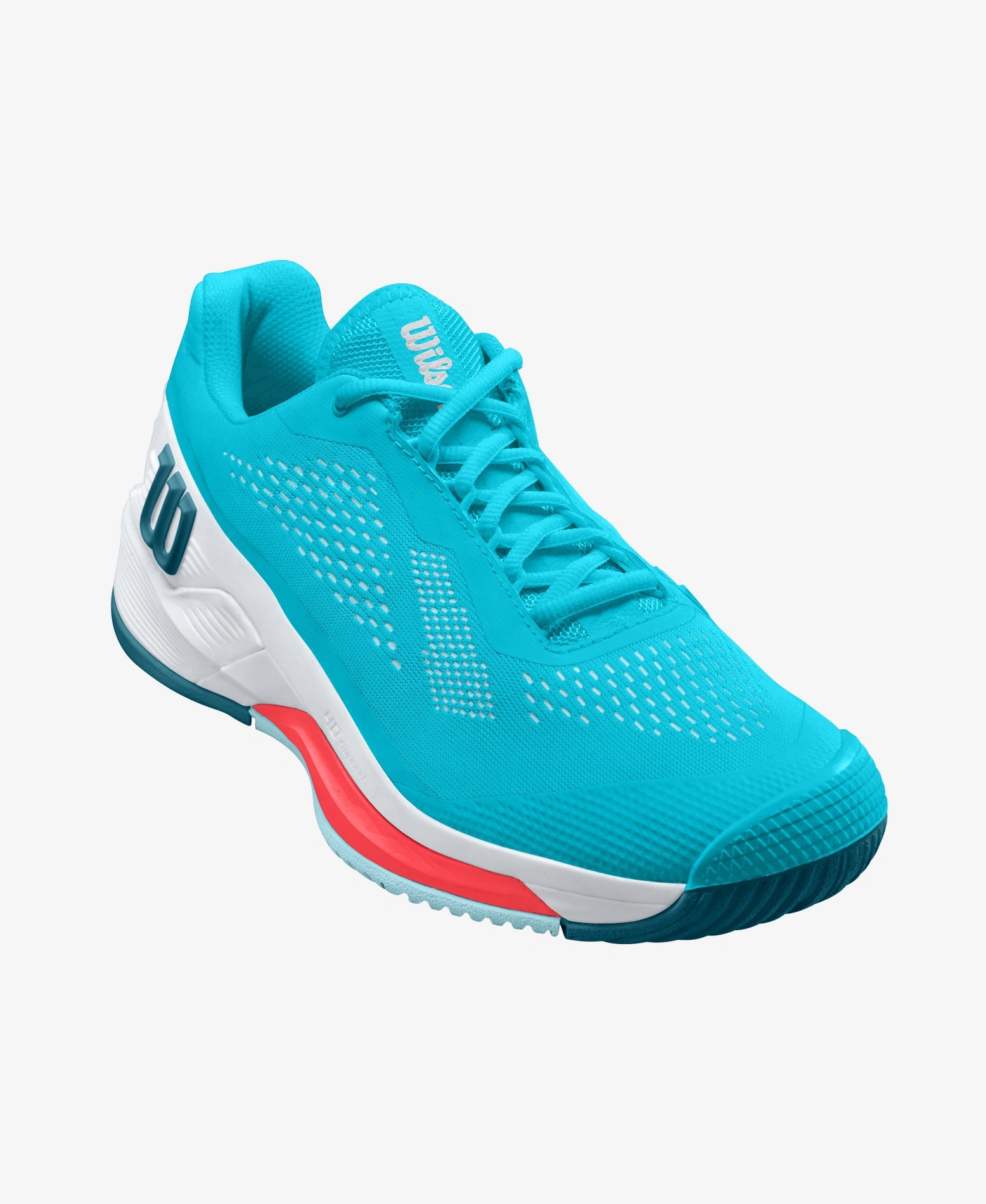 The Wilson Rush Pro 4.0 Womens Tennis Shoe- Scuba Blue / White / Fiery Coral Tn available for sale at GSM Sports.    