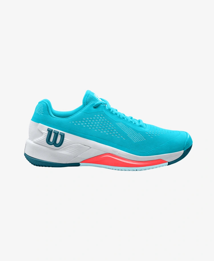 The Wilson Rush Pro 4.0 Womens Tennis Shoe- Scuba Blue / White / Fiery Coral Tn available for sale at GSM Sports.