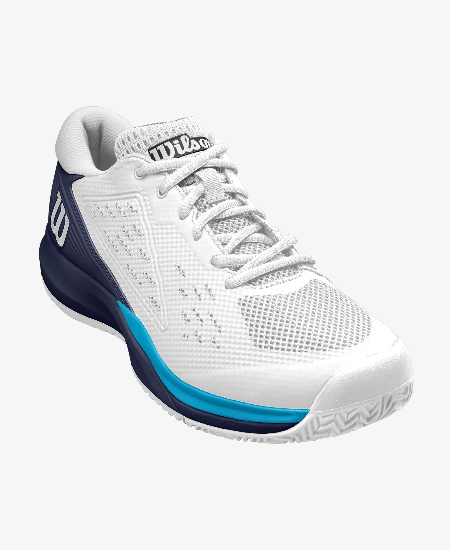 The Wilson Rush Pro Ace Mens Tennis Shoe in white, peacoat and vivid blue colour which are available for sale at GSM Sports.  