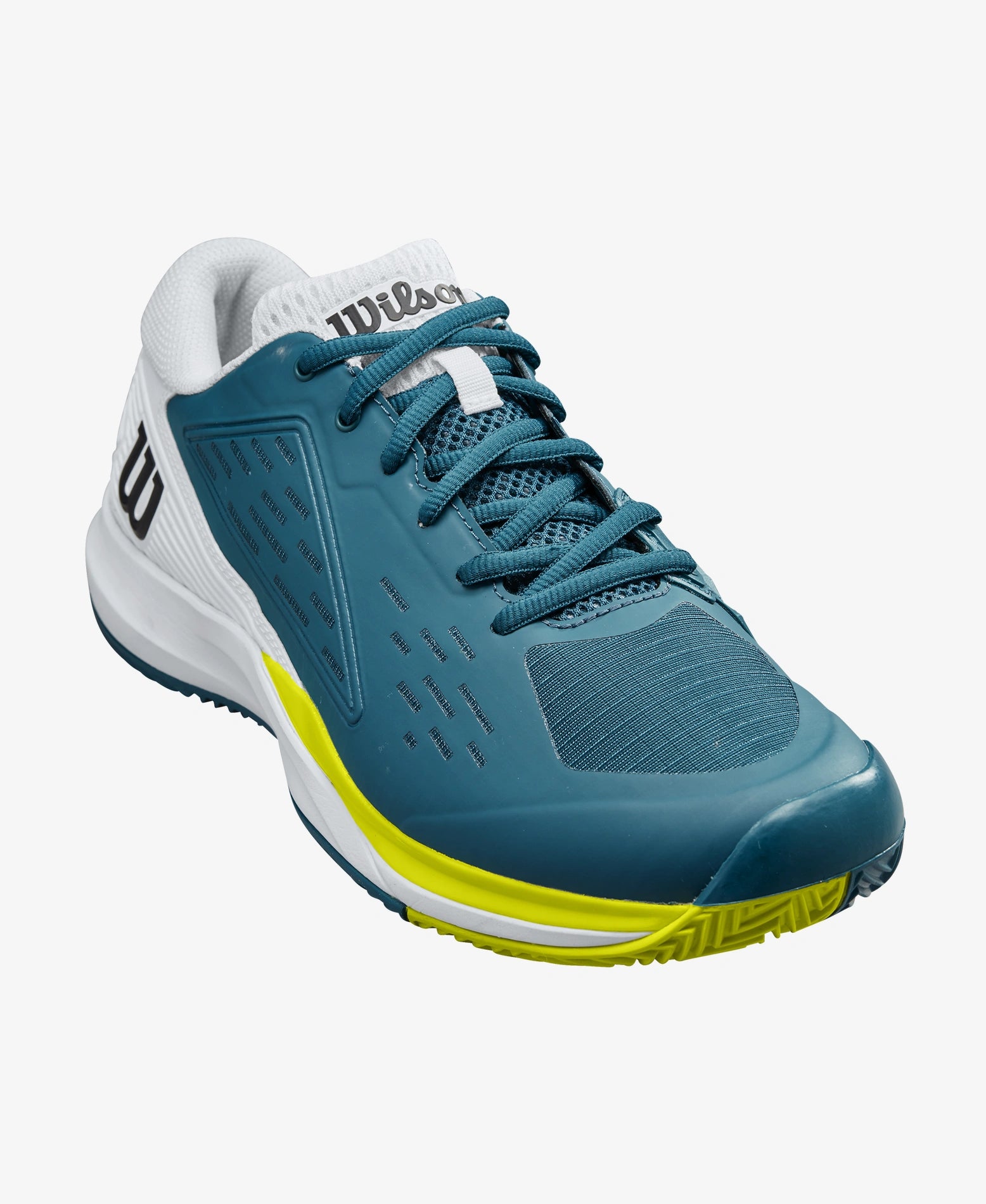 The Wilson Rush Pro Ace Clay Mens Tennis Shoe in blue coral, white and sulphur spring which are available for sale at GSM Sports.  