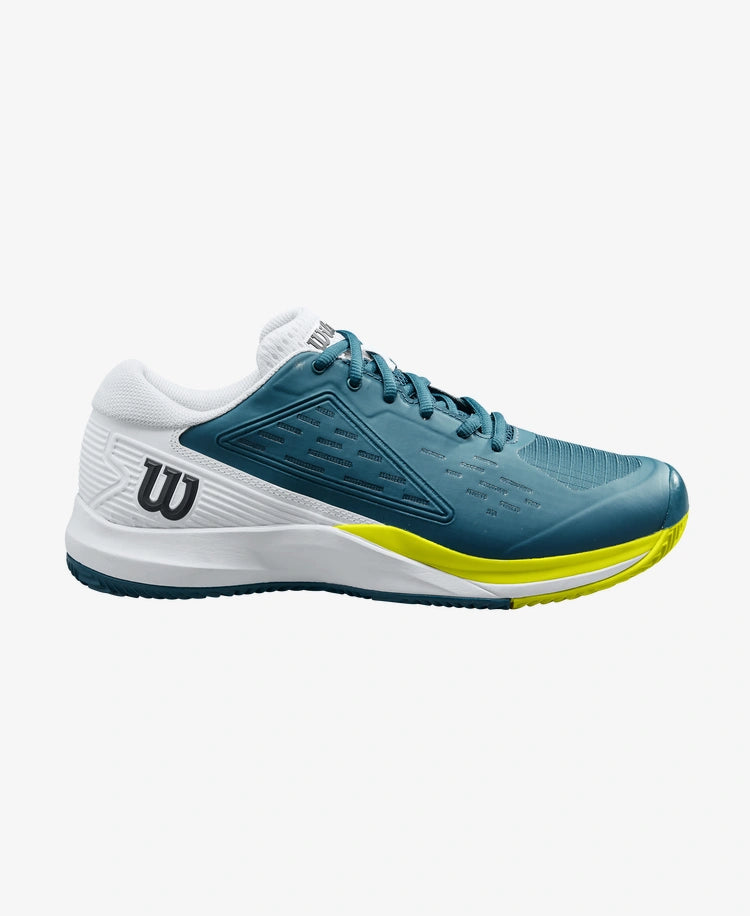 The Wilson Rush Pro Ace Clay Mens Tennis Shoe in blue coral, white and sulphur spring which are available for sale at GSM Sports.