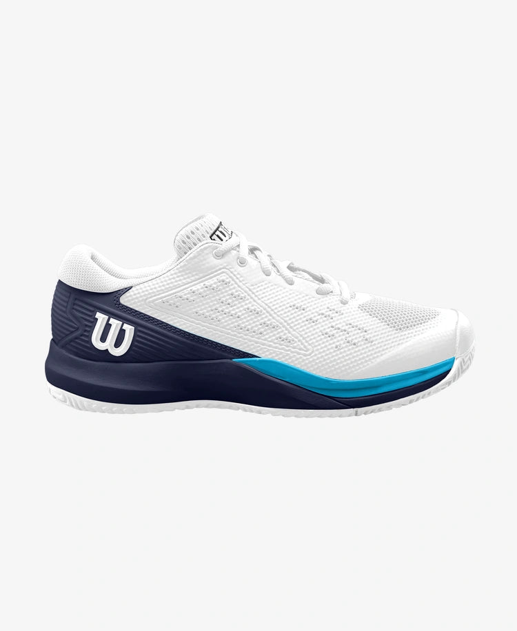 The Wilson Rush Pro Ace Mens Tennis Shoe in white, peacoat and vivid blue colour which are available for sale at GSM Sports.