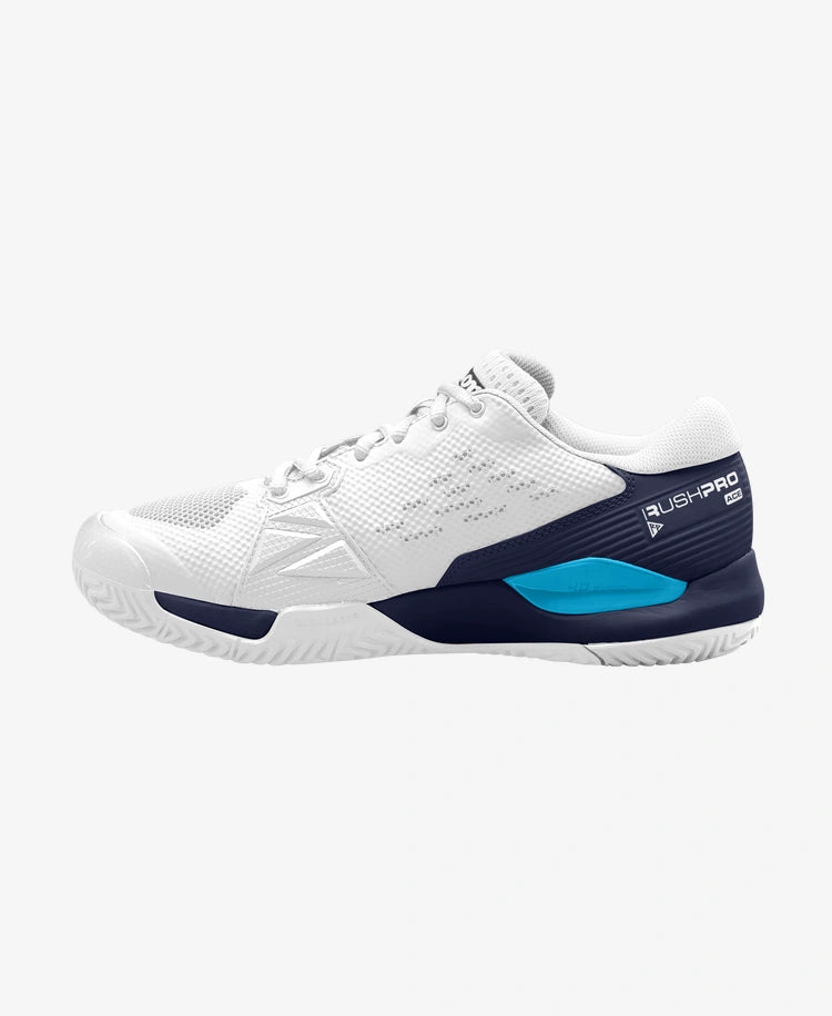 The Wilson Rush Pro Ace Mens Tennis Shoe in white, peacoat and vivid blue colour which are available for sale at GSM Sports.