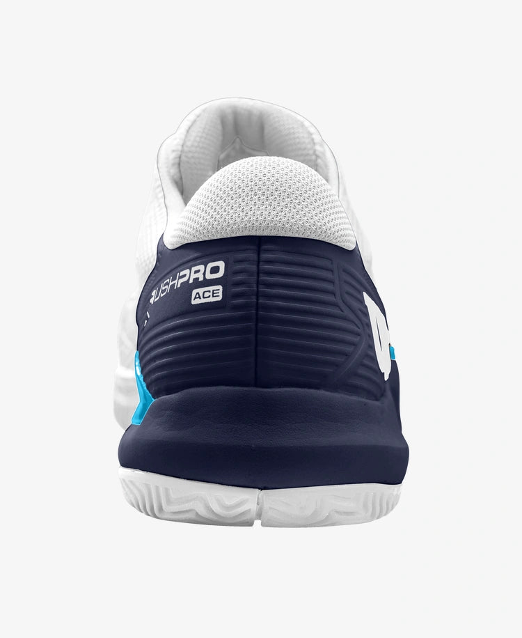 The Wilson Rush Pro Ace Mens Tennis Shoe in white, peacoat and vivid blue colour which are available for sale at GSM Sports.