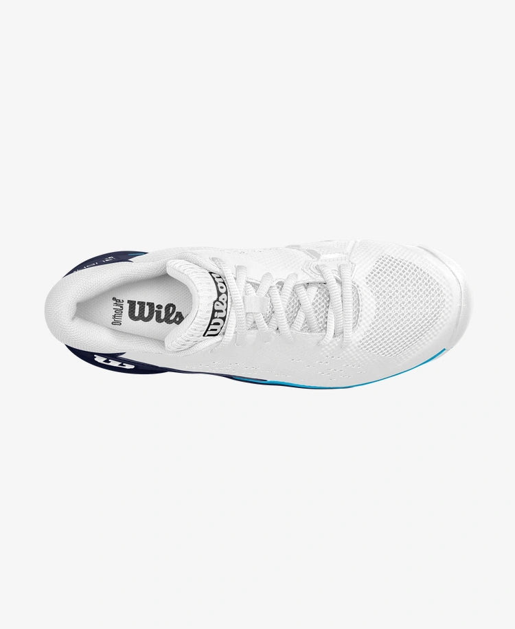 The Wilson Rush Pro Ace Mens Tennis Shoe in white, peacoat and vivid blue colour which are available for sale at GSM Sports.