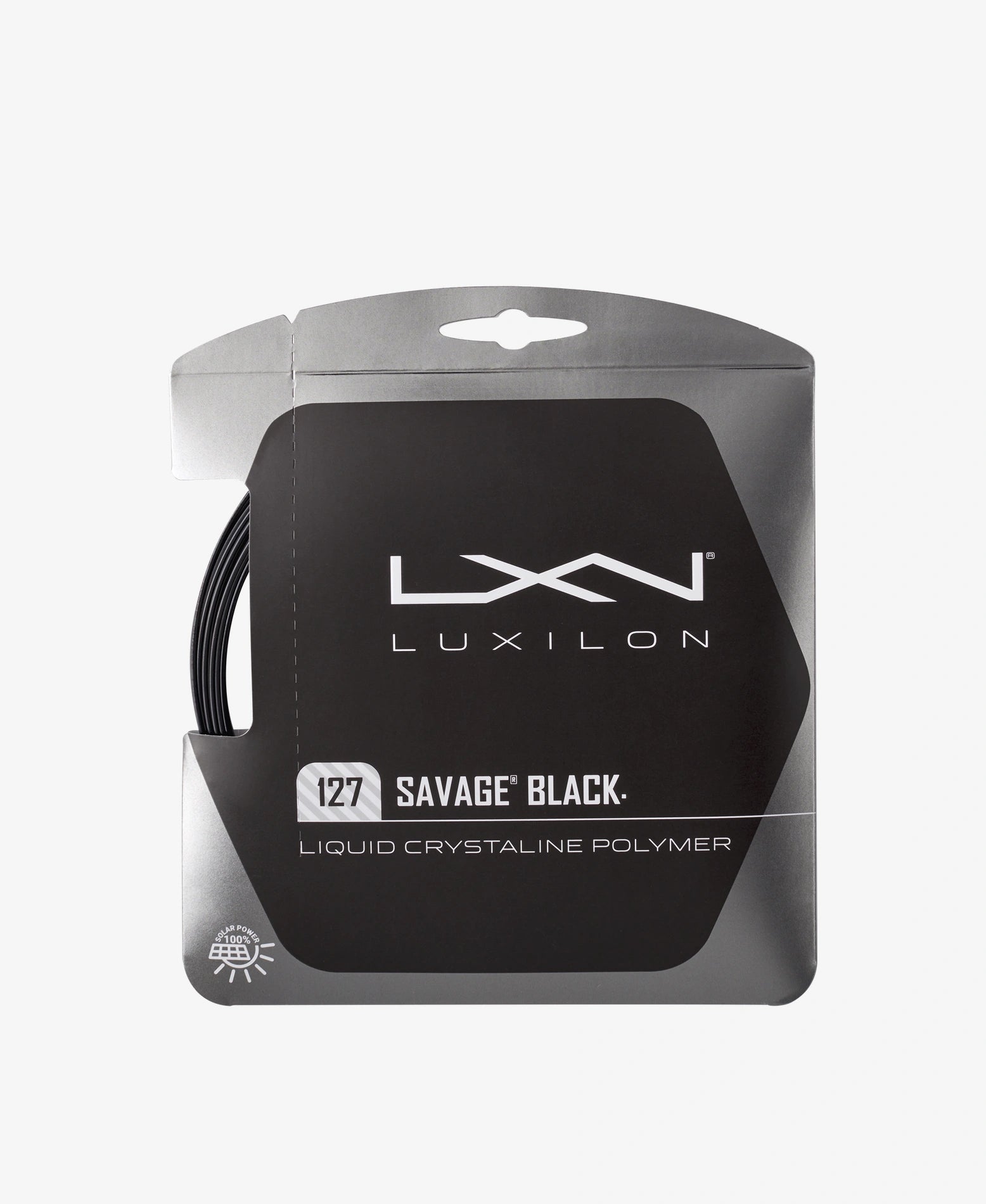 A set of Luxilon Savage 127 Tennis String in black available for sale at GSM Sports.    