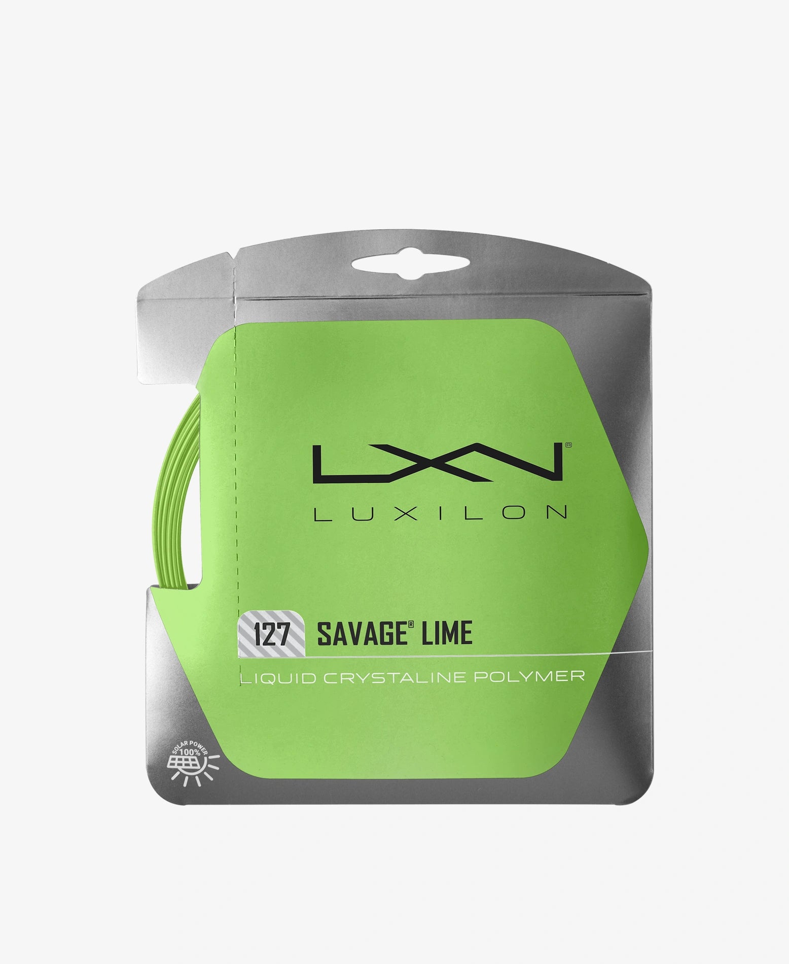 A set of Luxilon Savage 127 Tennis String in lime colour available for sale at GSM Sports.