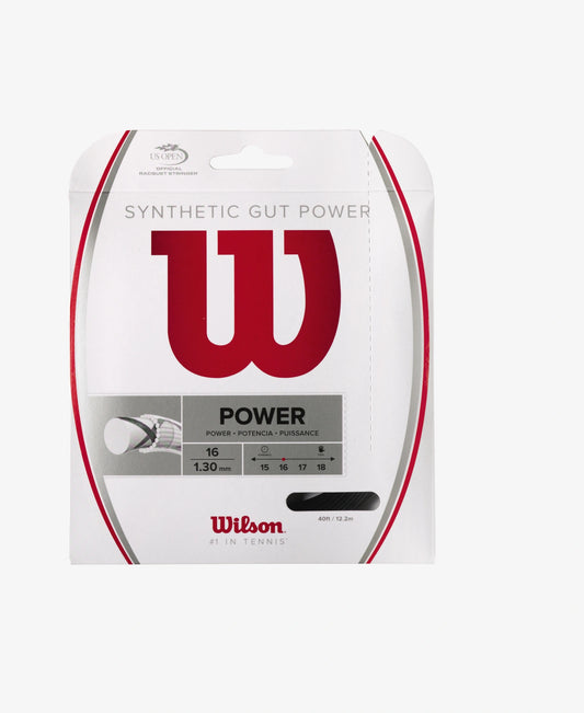 A set of Wilson Synthetic Gut Power 16 Tennis String in black available for sale at GSM Sports.   