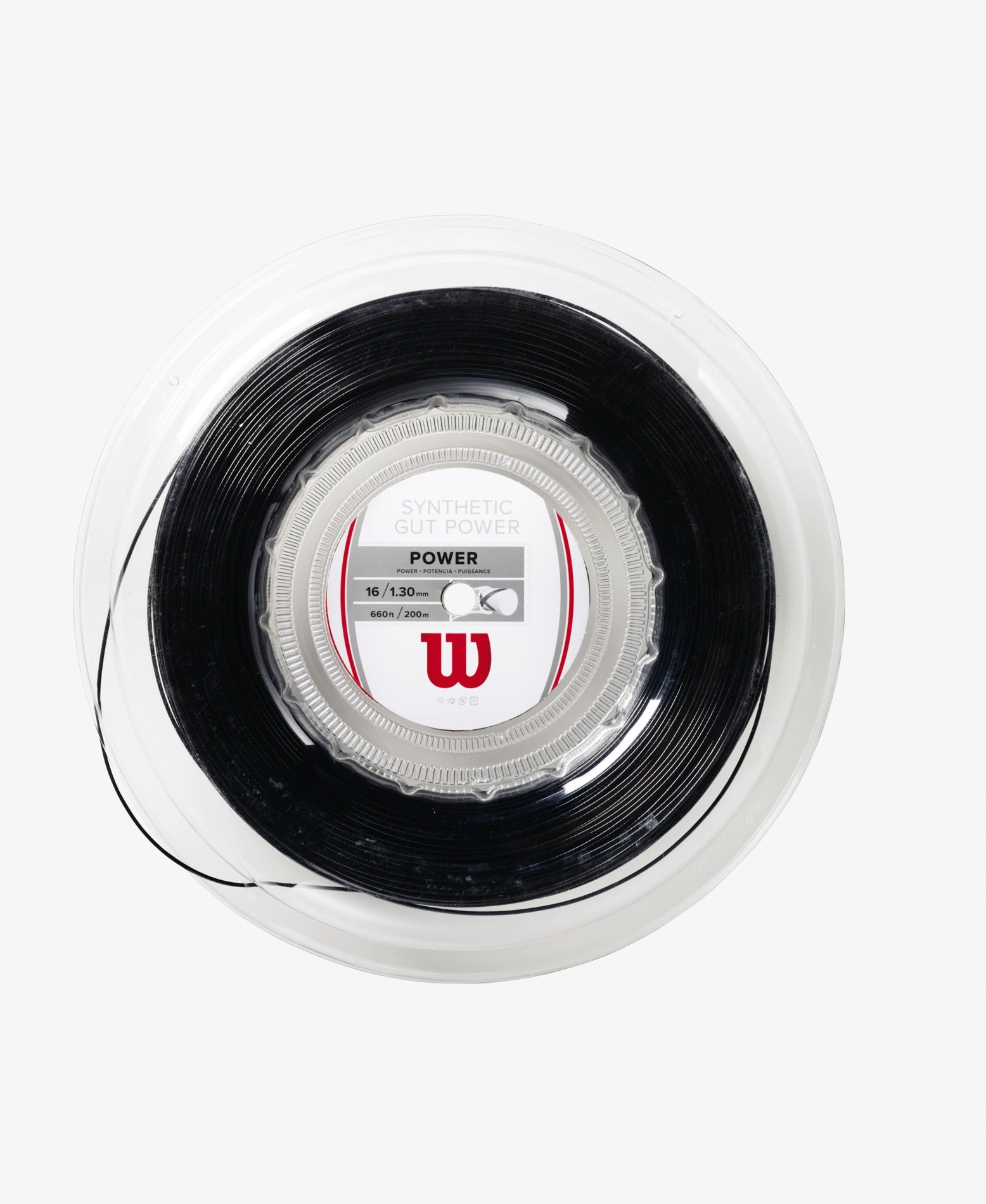 A 200 metre reel of Wilson Synthetic Gut Power 16 Tennis String in black colour which is available for sale at GSM Sports.      