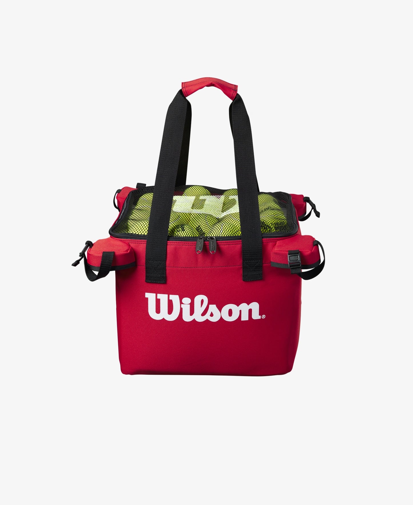 The Wilson Teaching Cart Bag in red with tennis balls inside for display purposes available for sale at GSM Sports.