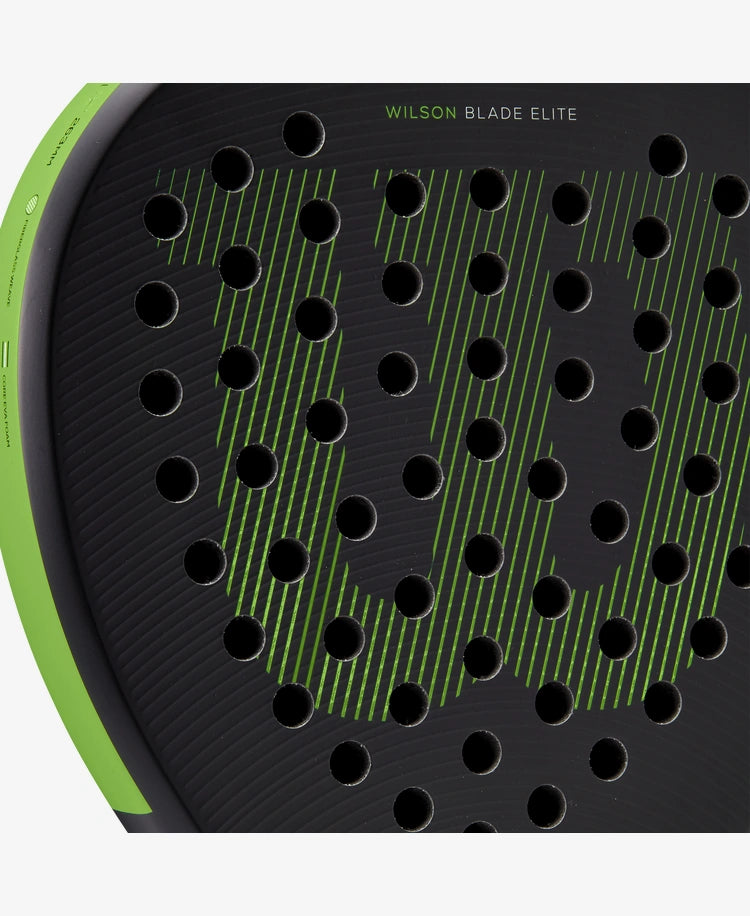 The Wilson Blade Elite V2 Padel Racket in black and neon green available for sale at GSM Sports.