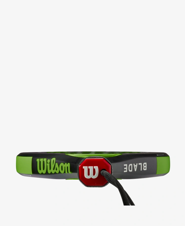 The Wilson Blade Elite V2 Padel Racket in black and neon green available for sale at GSM Sports.