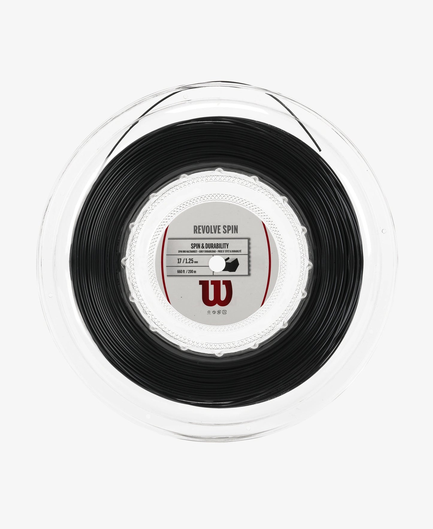 A 200 metre reel of Wilson Revolve Spin 17 Tennis String available for sale at GSM Sports.    