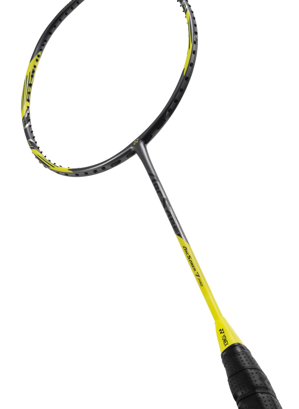 The Yonex Arcsaber 7 Pro Badminton Racket in yellow and grey which is available for sale at GSM Sports.   