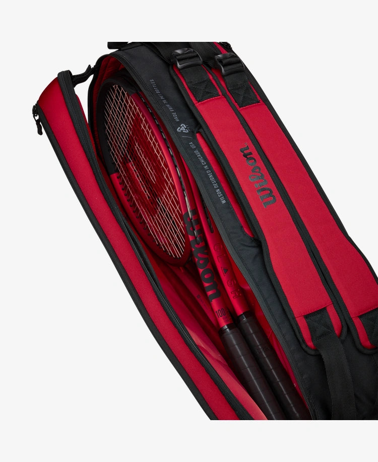 The Wilson Clash V2 Super Tour 6 Pack Racket Bag with tennis rackets inside for display purposes which is available for sale at GSM Sports.