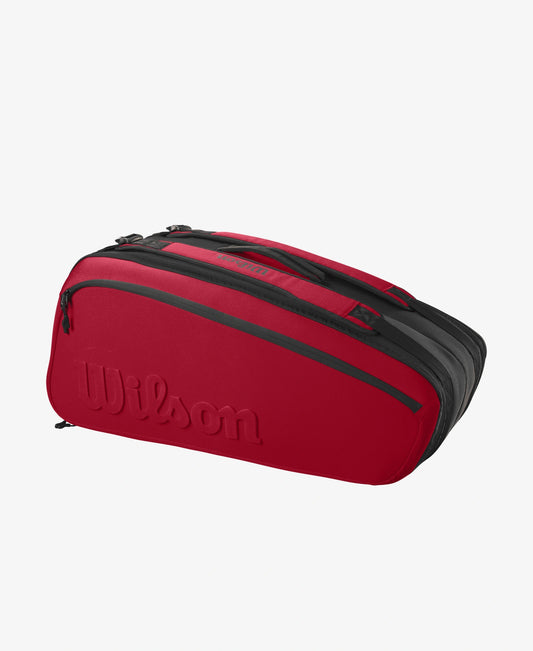 The Wilson Clash V2 Super Tour 9 Pack Racket Bag in red and black available for sale at GSM Sports.     