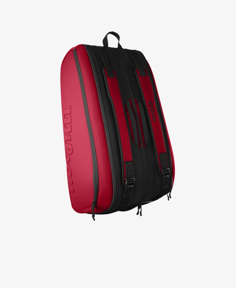 The Wilson Clash V2 Super Tour 15 Pack Racket Bag in black and red available for sale at GSM Sports.