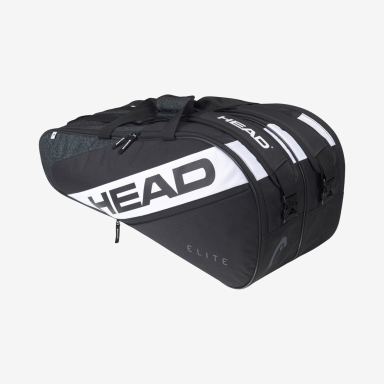 The Head Elite 9 Racket Supercombi Tennis Bag in black and white colour which is available for sale at GSM Sports.