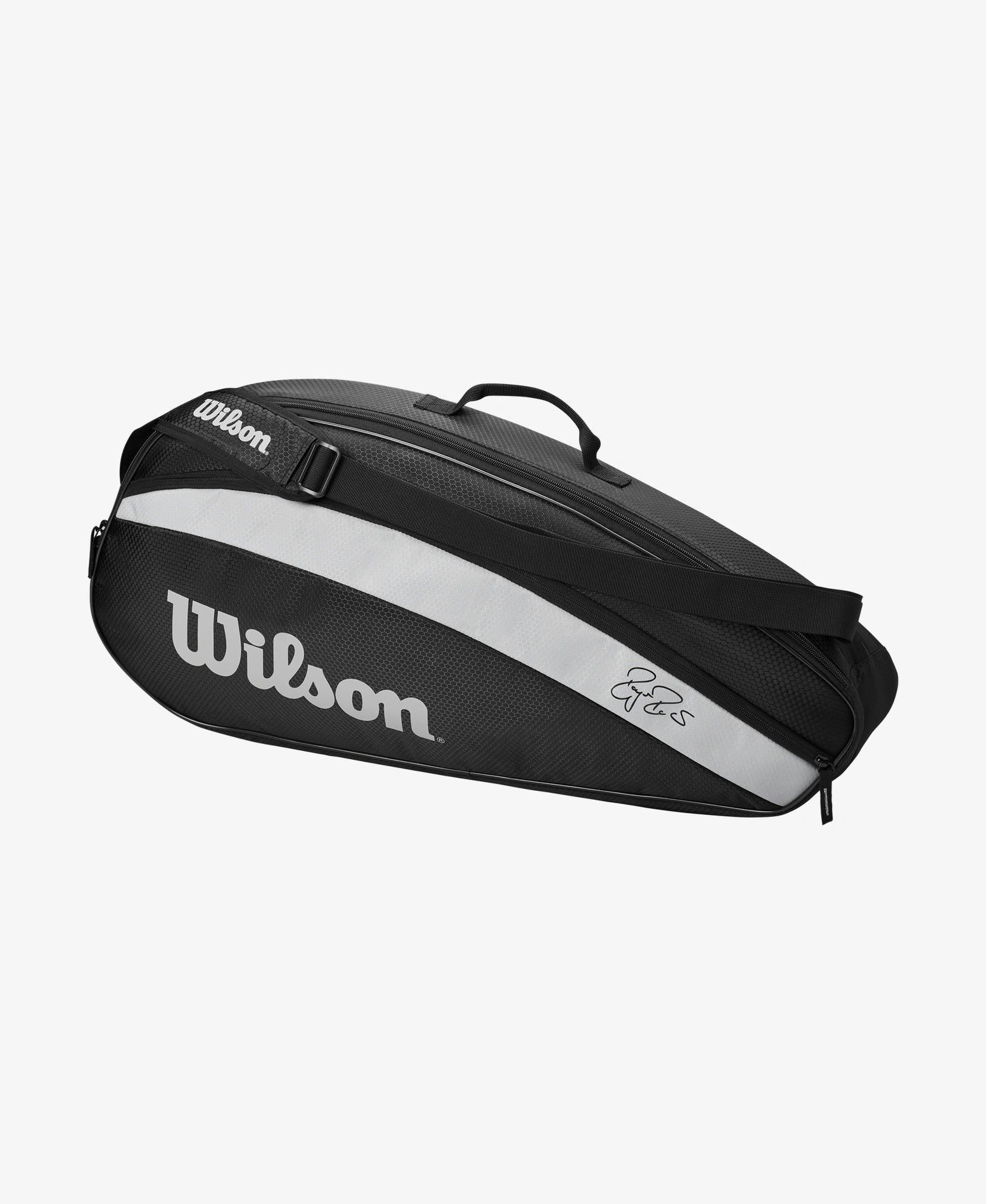 The Wilson Roger Federer Team 3 Pack Racket Bag in black available for sale at GSM Sports.    