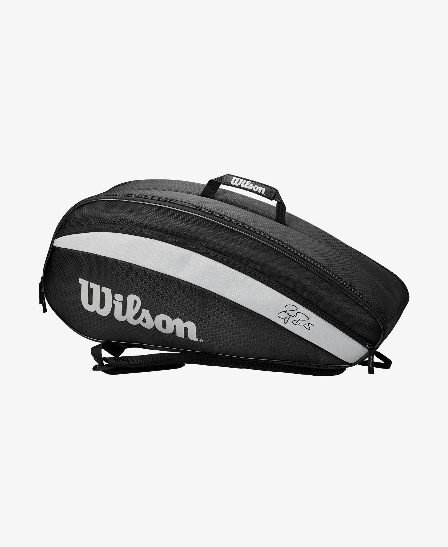 The Wilson Fed Team 6 Pack Racket Bag in black available for sale at GSM Sports.     