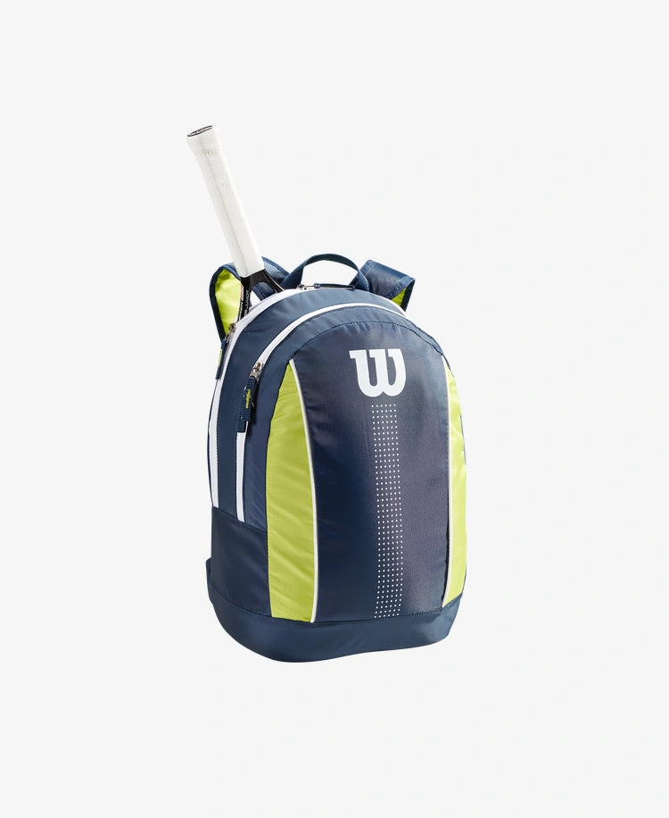 The Wilson Junior Backpack in navy and lime green available for sale at GSM Sports.     