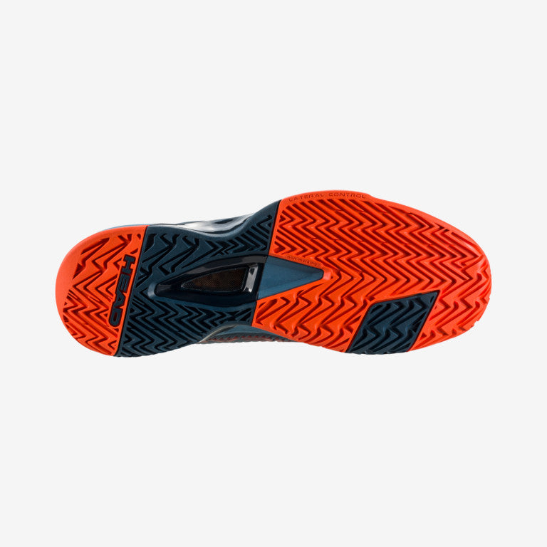 The sole of The Head Revolt Pro 4.0 Mens Tennis Shoes in blue and orange available for sale at Blue and Orange