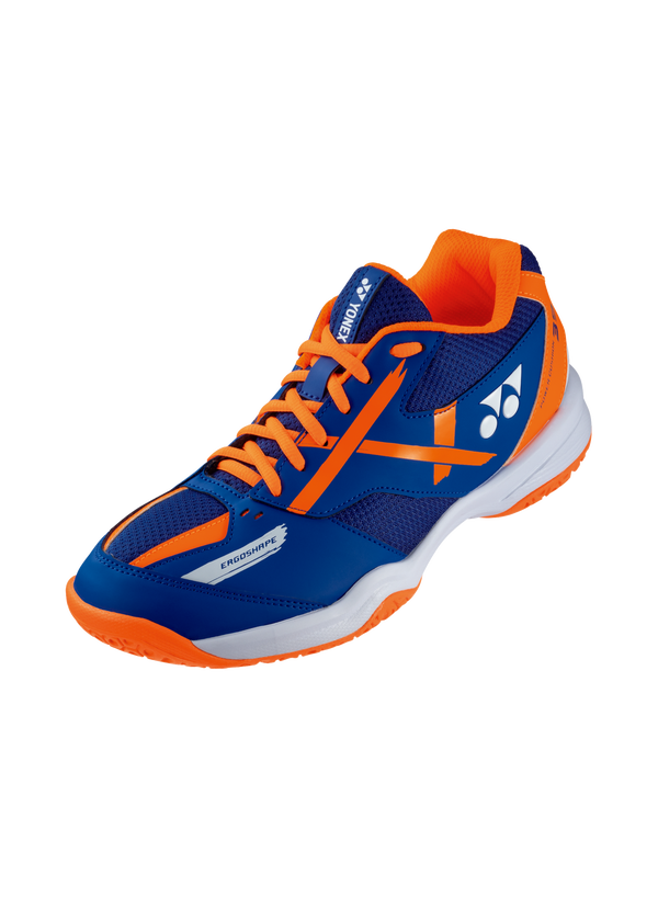 The Yonex Power Cushion 39 Wide Badminton Shoes in blue and orange colour which are available for sale at GSM Sports.