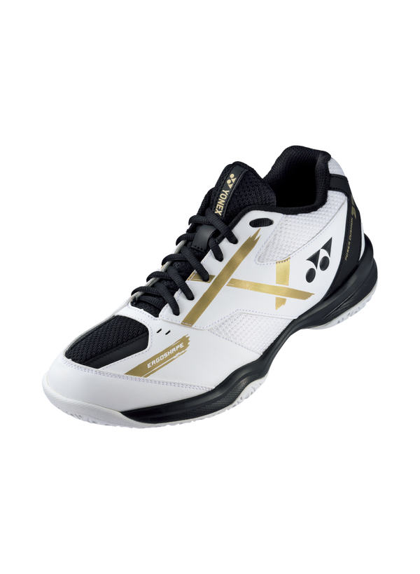 The Yonex Power Cushion 39 Wide Badminton Shoes in white and gold colour which are available for sale at GSM Sports.