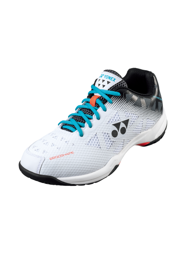 The Yonex Power Cushion 50 Unisex Badminton Shoes in white and mint colour which are available for sale at GSM Sports.  