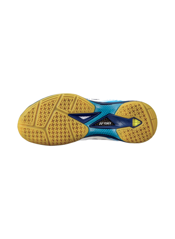 The Yonex Power Cushion 65 Z Mens Badminton Shoes in white and ocean blue colour which are available for sale at GSM Sports.