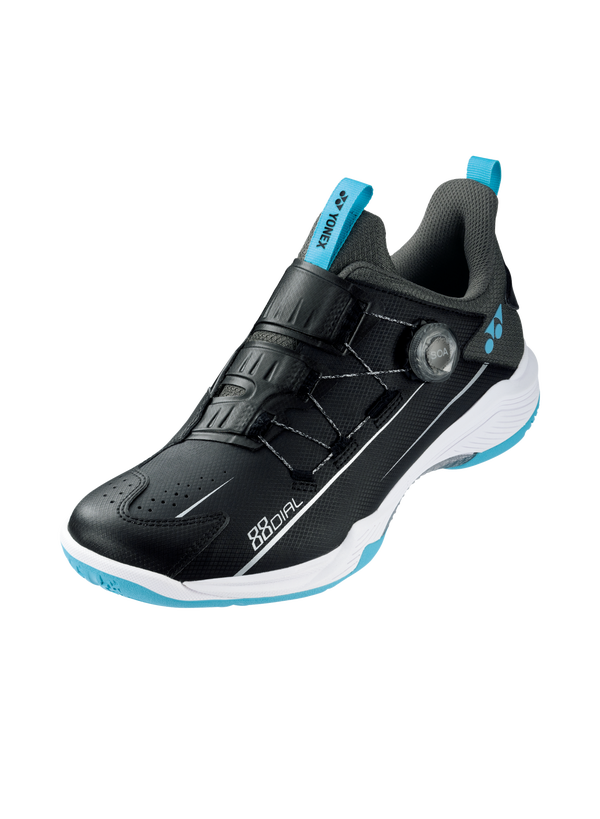 The Yonex Power Cushion 88 Dial Wide Badminton Shoe in black and ice blue colour which are available for sale at GSM Sports.   