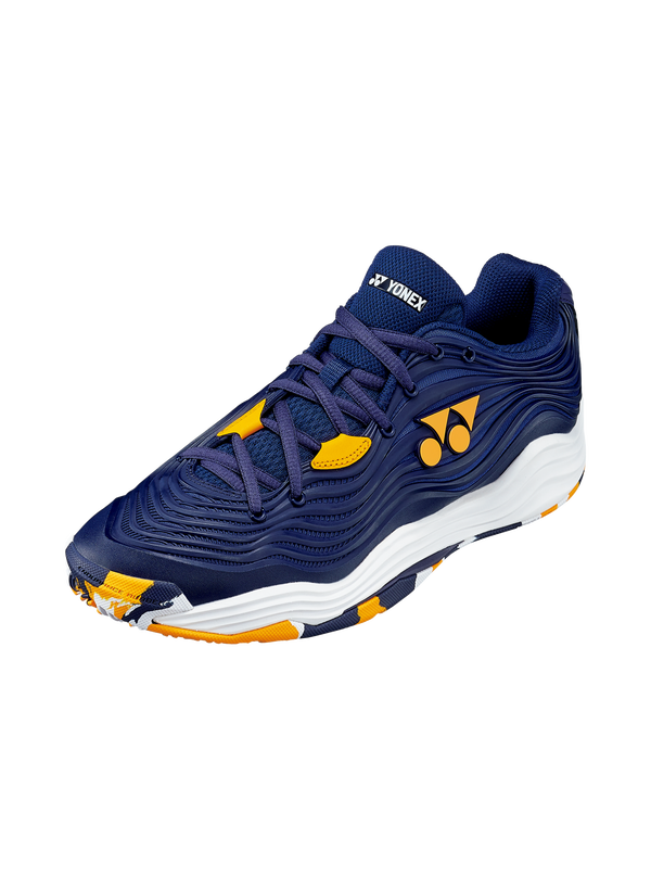 The Yonex Power Cushion FushionRev 5 Mens Clay Tennis Shoes in navy and orange colour which are available for sale at GSM Sports.      