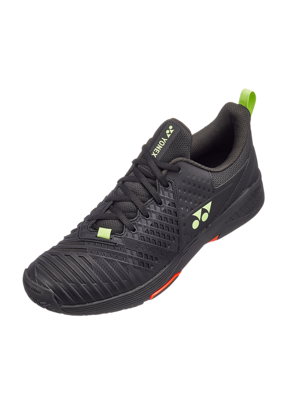 The Yonex Power Cushion Sonicage 3 Mens Tennis Shoes in black and lime colour which are available for sale at GSM Sports.  