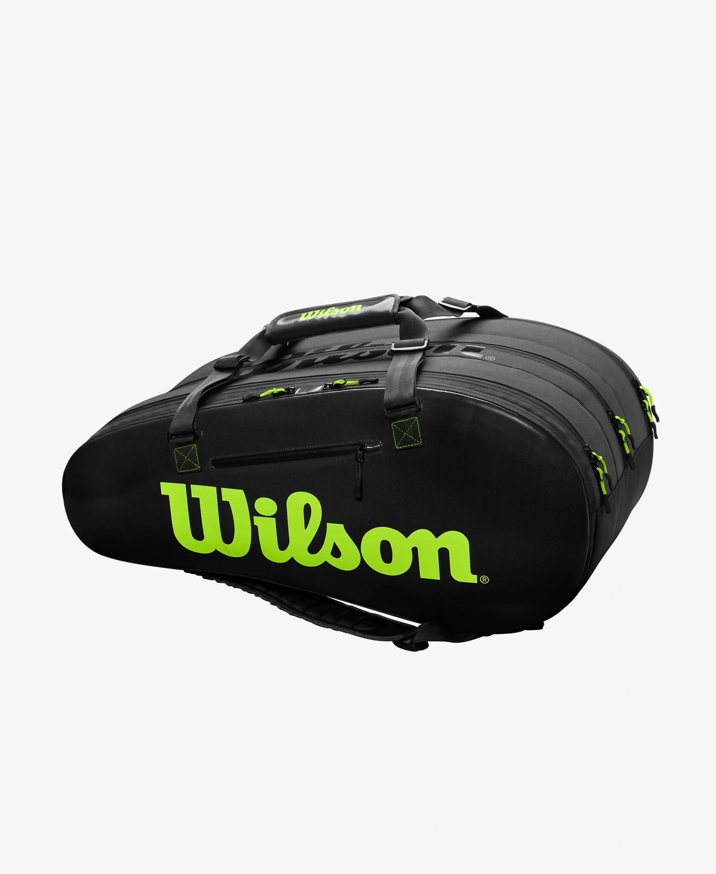 The Wilson Super tour 3 Compartment Tennis Bag in black and green available for sale at GSM Sports.     