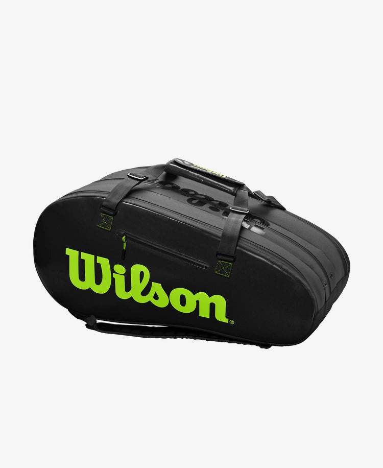 The Wilson Super tour 3 Compartment Tennis Bag in black and green available for sale at GSM Sports.