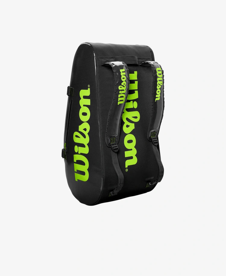 The Wilson Super tour 3 Compartment Tennis Bag in black and green available for sale at GSM Sports.