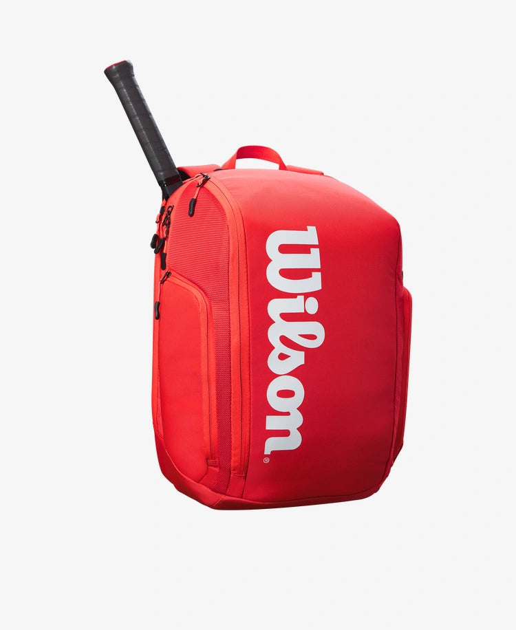 The Wilson Super Tour Backpack in red available for sale at GSM Sports.