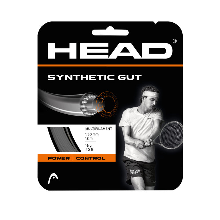 A set of black Head Synthetic Gut Tennis Strings available for sale at GSM Sports.