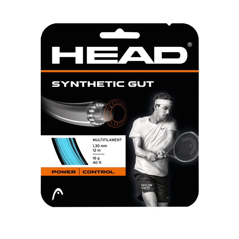 A set of blue Head Synthetic Gut Tennis Strings available for sale at GSM Sports.