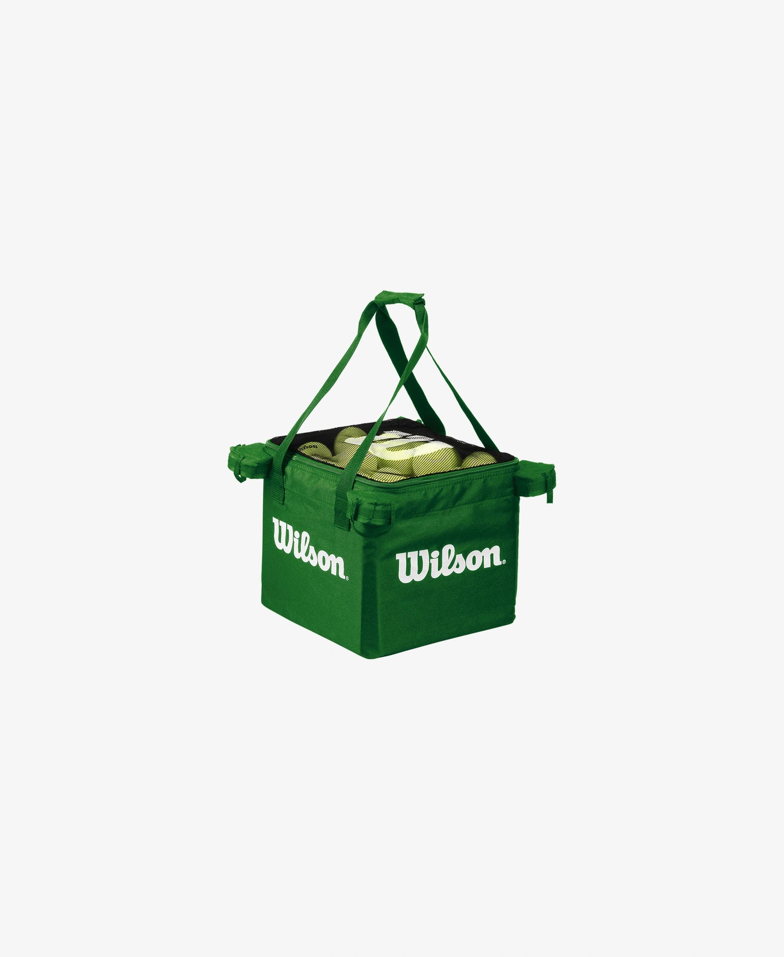 The Wilson Teaching Cart Bag in lime with tennis balls inside for display purposes available for sale at GSM Sports.