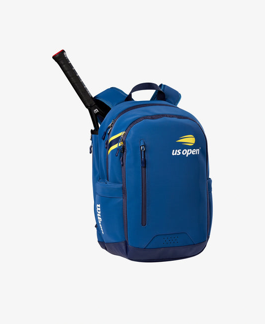 The Wilson US Open Tour Backpack in blue, yellow and white available for sale at GSM Sports.  